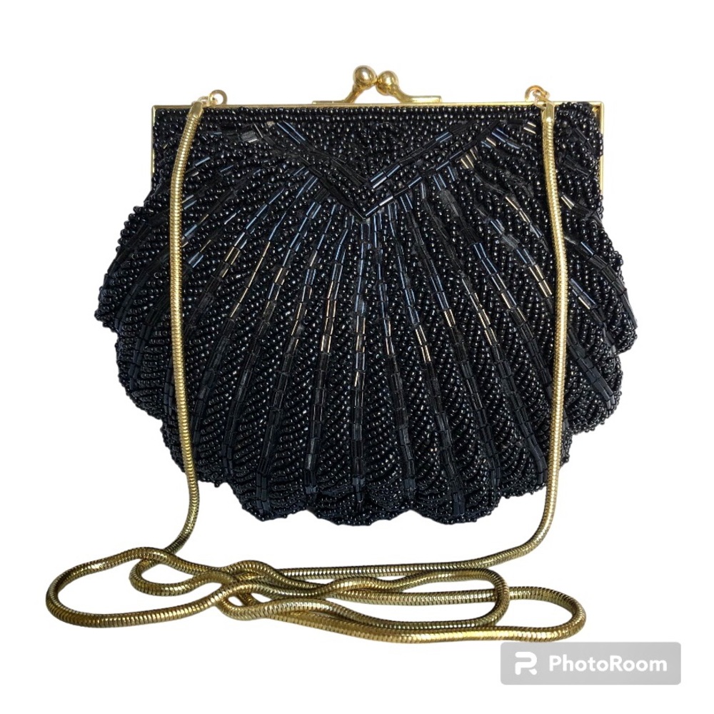 Black Beaded Satin Gold Snake Chain Evening Bag Clutch